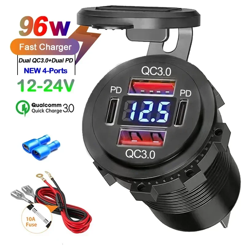96W Dual PD QC3.0 USB-Auto-Motorrad-Ladegerät mit Voltmeter-Buchse, Stromausgangsadapter, wasserdicht, für 12V/24V Auto, Boot, LKW, Motorrad
