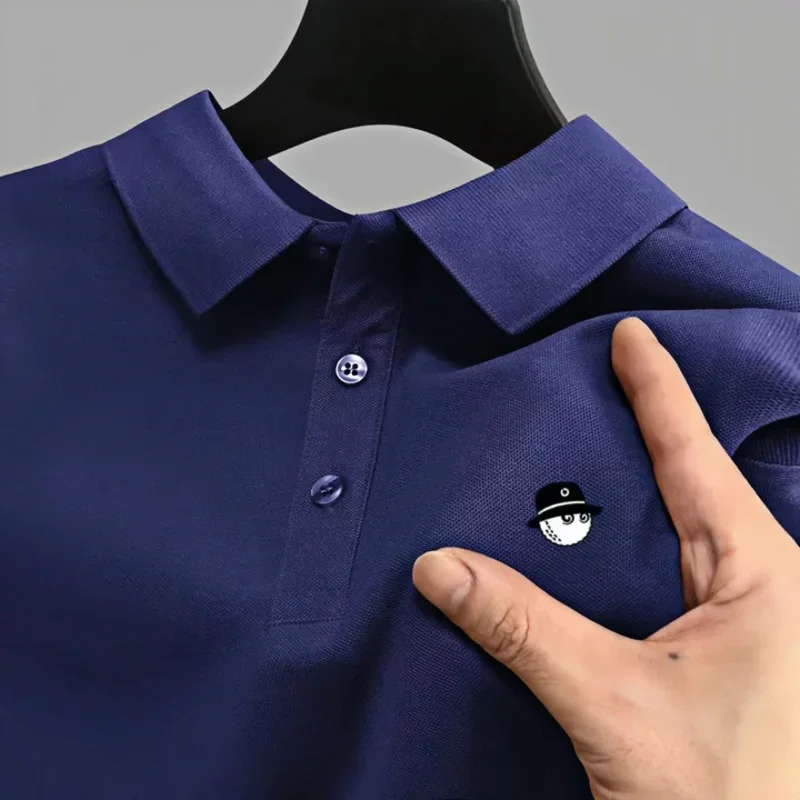 Herren Golf-Poloshirt mit kurzen Ärmeln, besticktes Oberteil, Sommer, neue einfarbige Polokragen-T-Shirts, bequem für den täglichen Freizeitgebrauch. – Detail 4