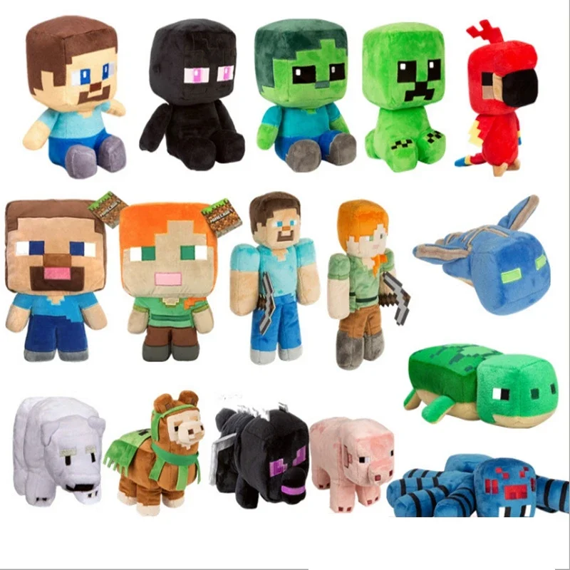 2025 Nova venda! Minecraft pelúcia steve aranha zumbi cavalo papagaio golfinho animal brinquedo de pelúcia macio pixel meu mundo boneca crianças presentes