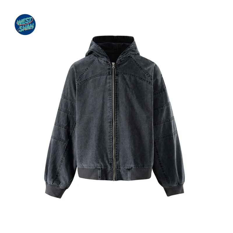 WESTSHAN أعلى جودة الاتحاد الأوروبي الولايات المتحدة حجم خمر الثقيلة غسلها القطن عمال الدنيم هوديي الرجال فضفاض معطف مقنع سترة #3
