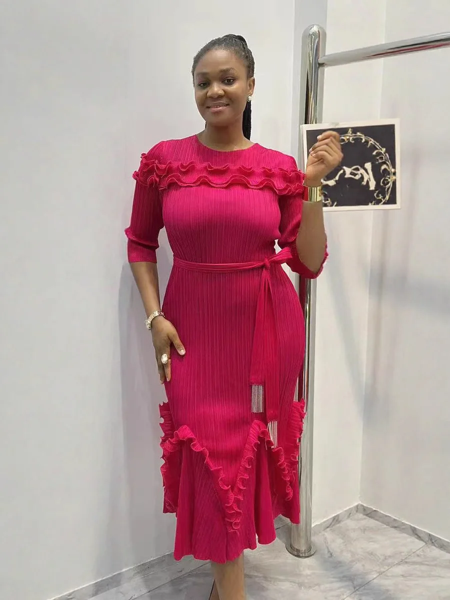 2025 vestido de noche suelto elegante francés para mujer plisado suelto Miyake plisado vestidos de diseño medio y largo novedad de verano