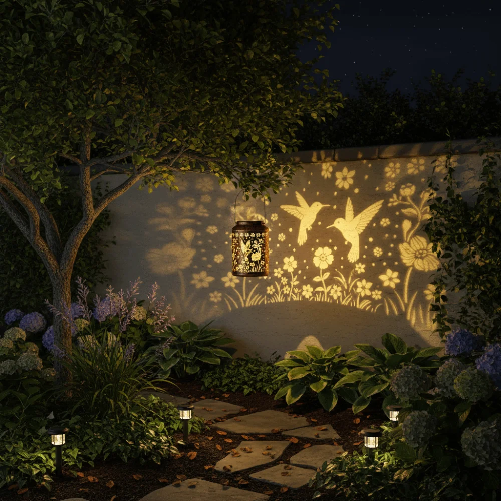 

Waterproof Solar Lantern Metal Material Vintage Style Hanging Solar Light Sunflower Shape Hummingbird Design Decorative Light