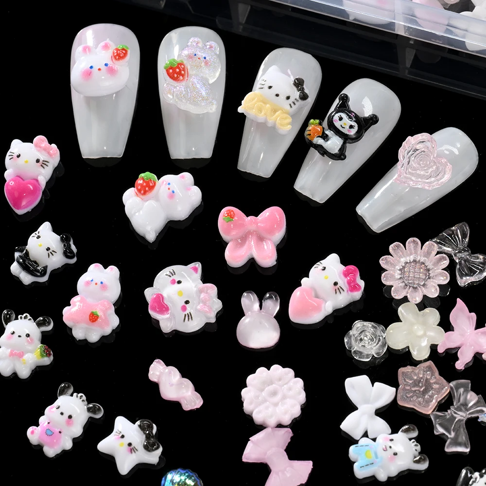 12/24Grids Cute Kuromi/Hellokitty Nail Rhinestones Cartoon Anime Kuromi Kitty Cat Bow Nail Charms Resin Jewelry Manicure Crafts