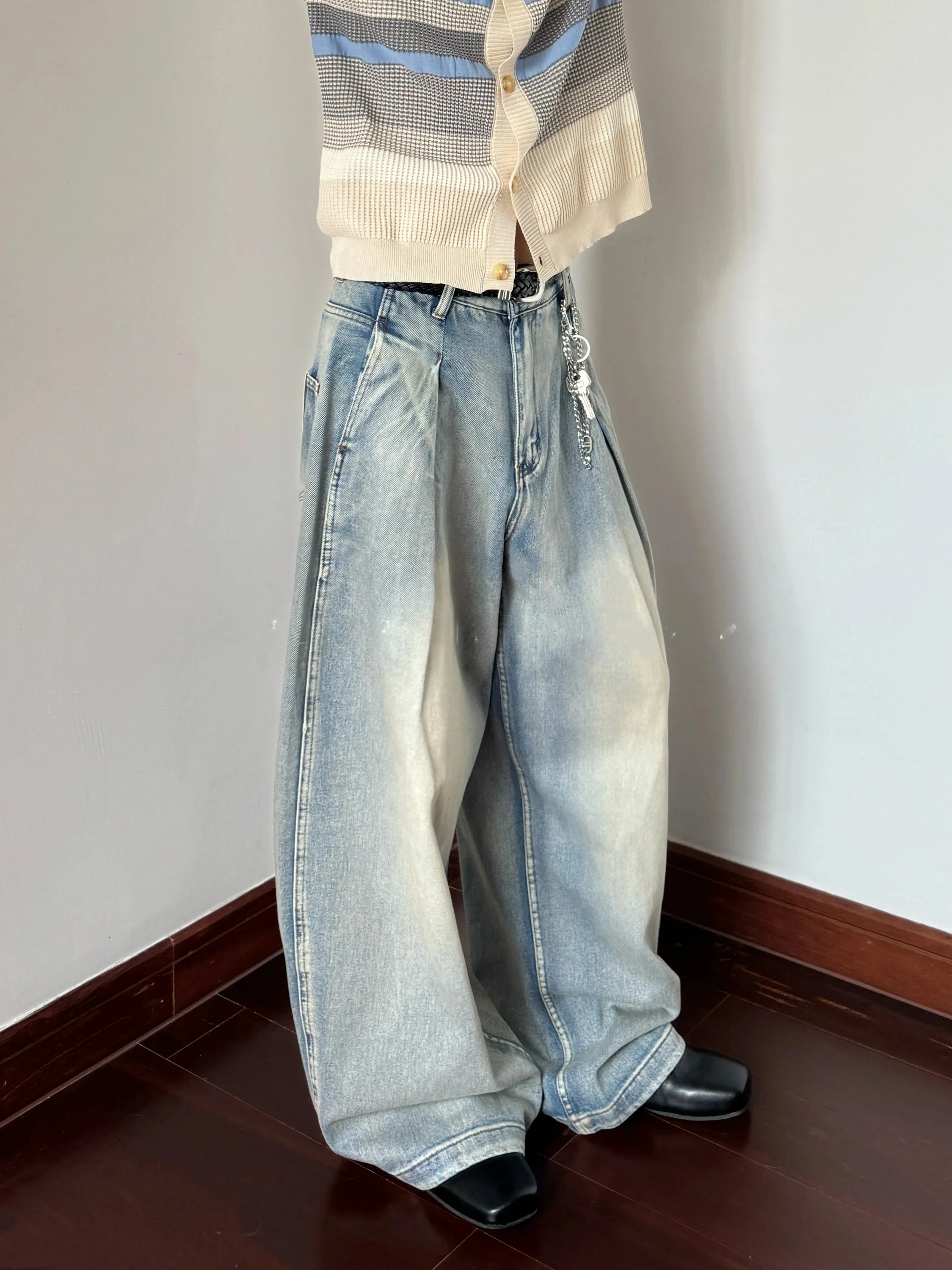 Calças Jeans Retrô Americanas Lavadas de Algodão Pesado para Homens e Mulheres, Corte Reto Solto, Perna Larga, Comprimento Total