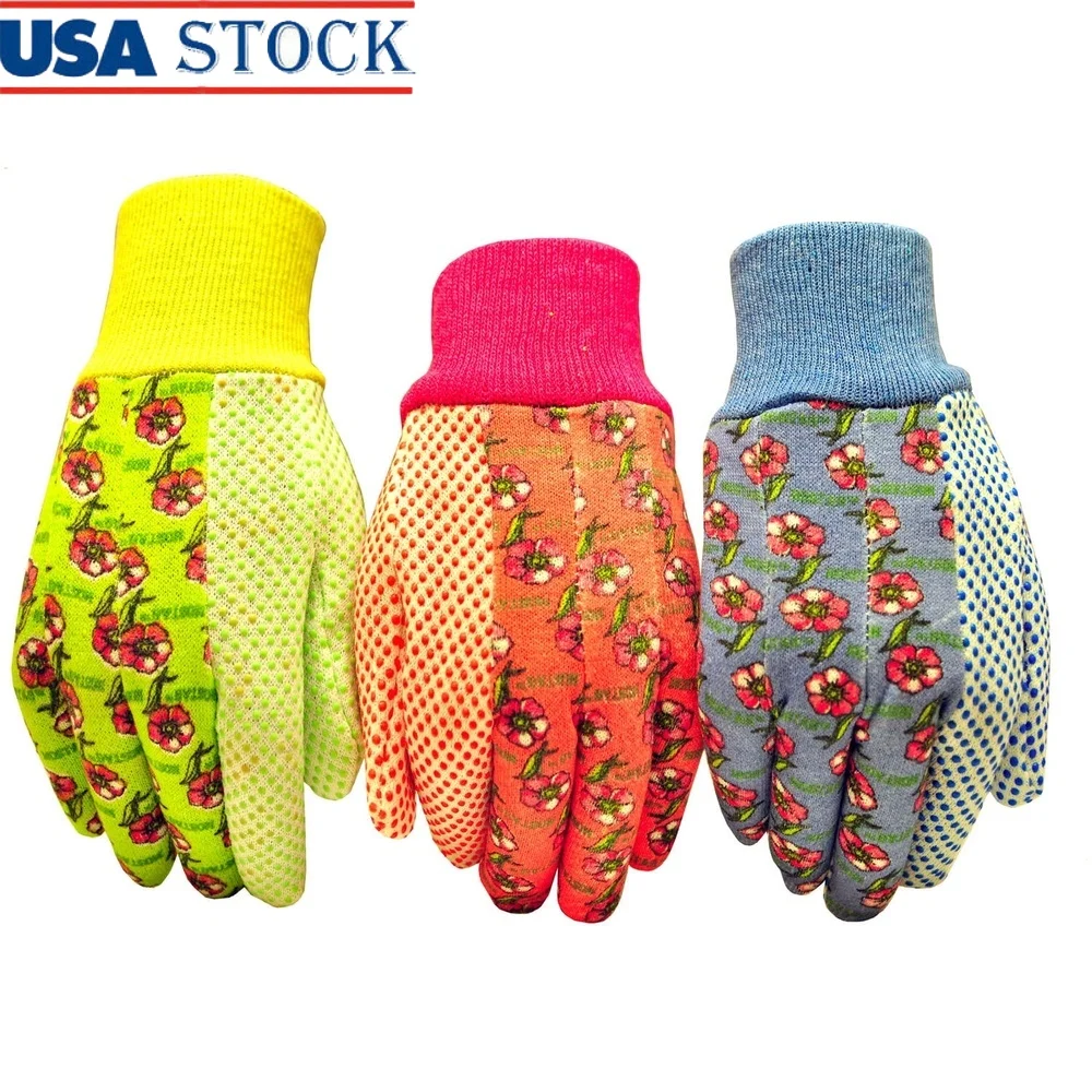 

Women Soft Jersey Garden Gloves 3 Pairs Micro Foam Work Gloves PVC Dots Breathable Knit Wrist Flower Print Multi-Use