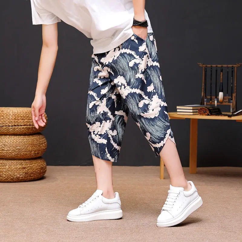 Trend Versatile Summer Shorts Men\'s Elastic Waist Printing Drawstring Pockets Young Style Loose Breathable Calf Length Pants