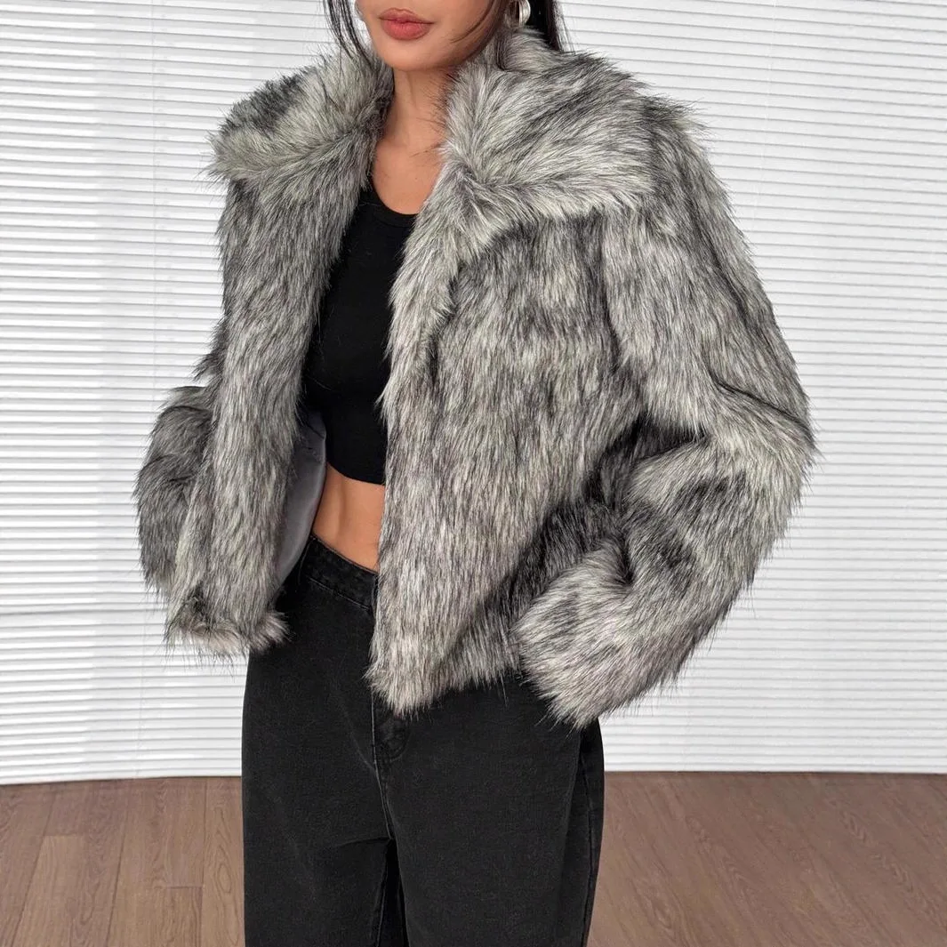 Gradient Winter Women Mink Fur Jacket Short Solid Turn Down Collar Lady Eco Fur Coat Long Sleeve Open Stitch Thick Furry Outwear