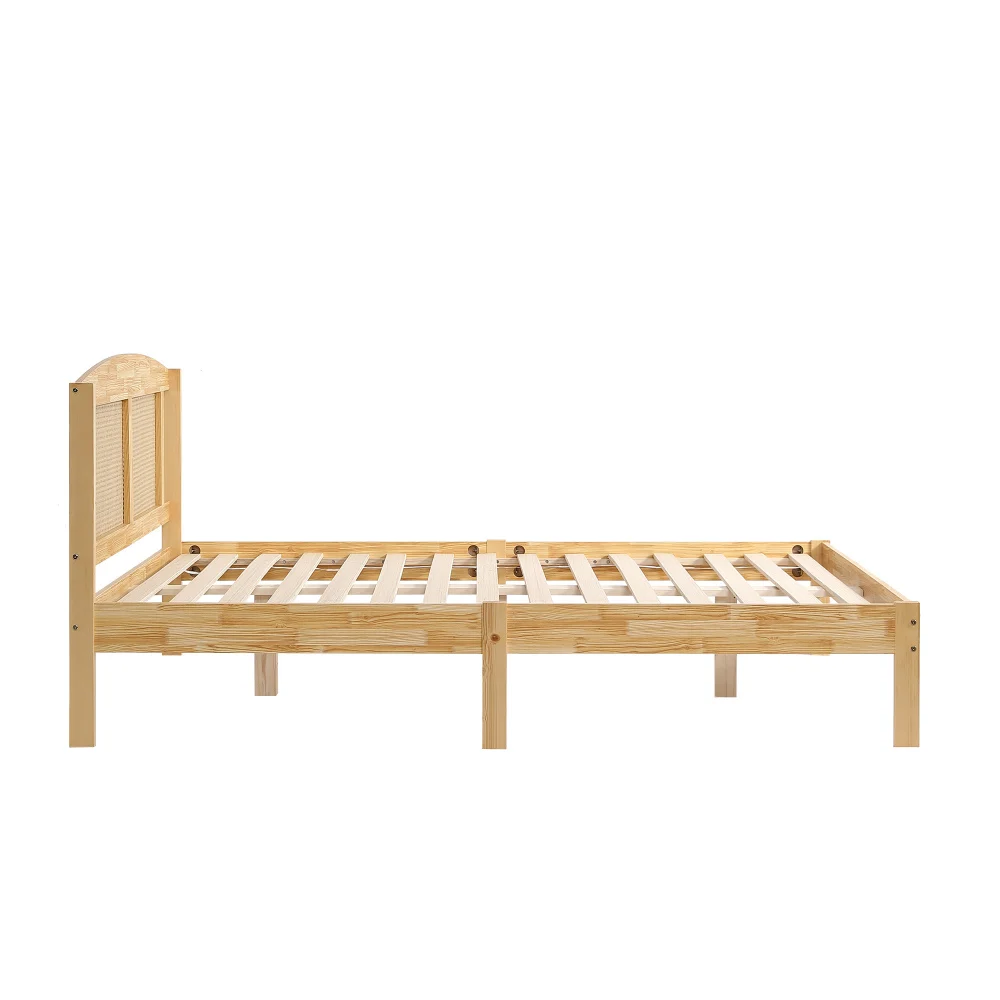 PINGGO Naturrattan-Doppelbett 160x200cm Kiefernholz PE-Rattan 15 Latten Mittelstützfüße Rattan-Netzkissen Ohne Matratze – Detail 13
