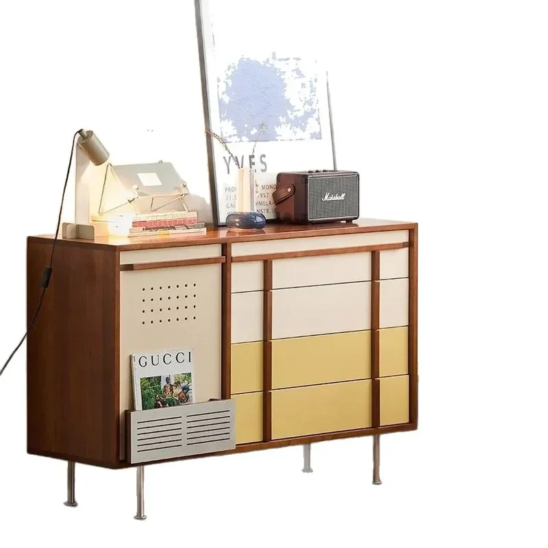 Vintage Solid Wood Sideboard with Contrast Drawers Compact Storage Cabinet for Living Room Bedroom Dining Area Wall Unit