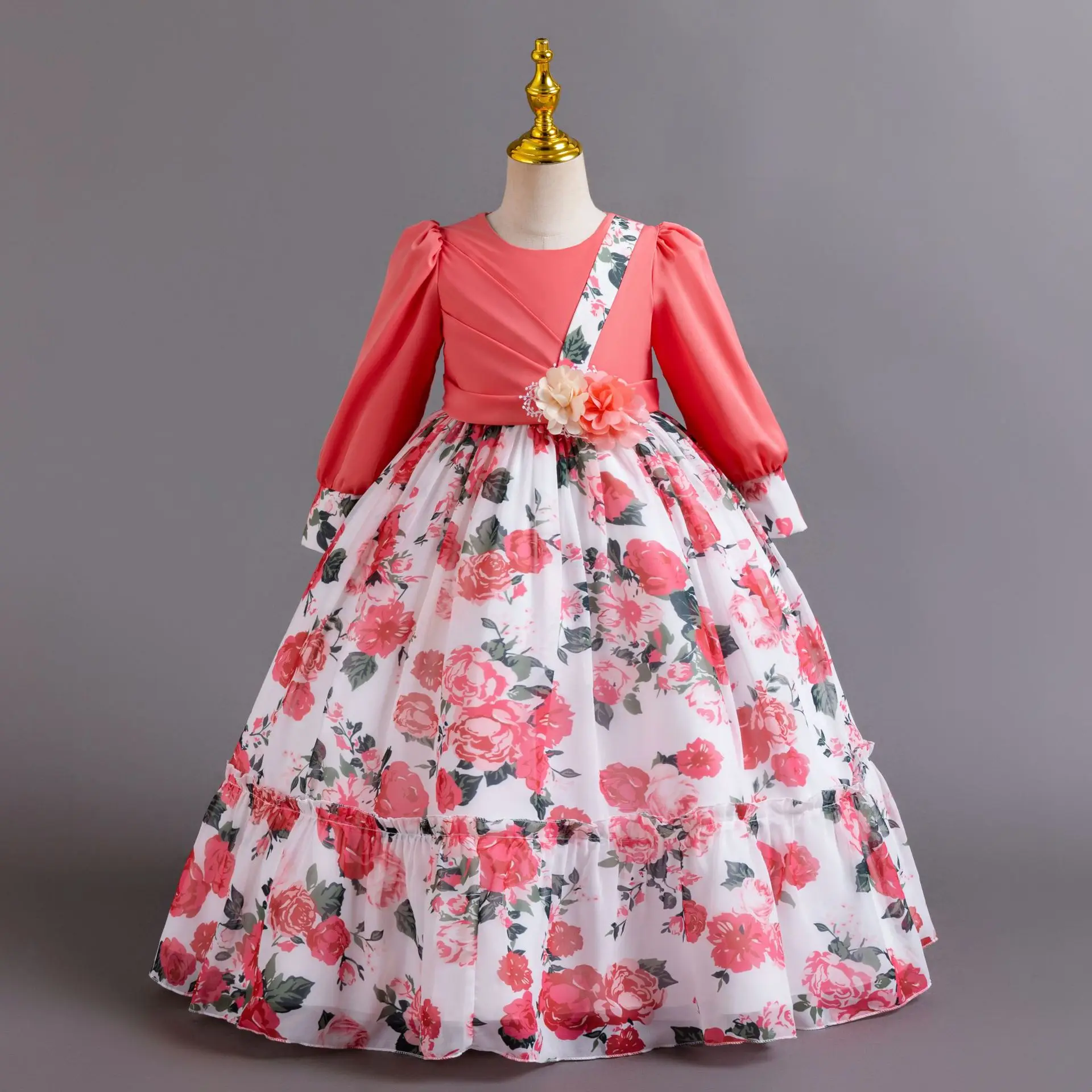 HETISO Floral Chiffon Dress For Kids Long Sleeve Girls Birthday Princess Dresses Evening Formal Occasion Festive Gown 6 8 10 12