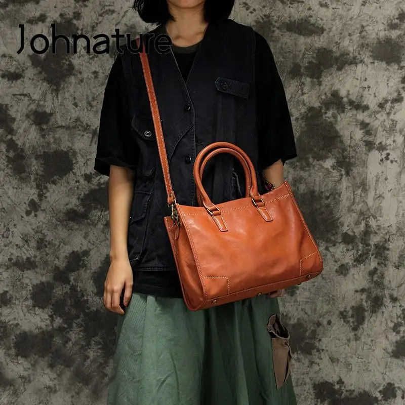 Johnature 2024 New Genuine Leather Large Handbag Women Bag Natural Soft Cowhide Casual Tote Solid Color Simple Shoulder Bags