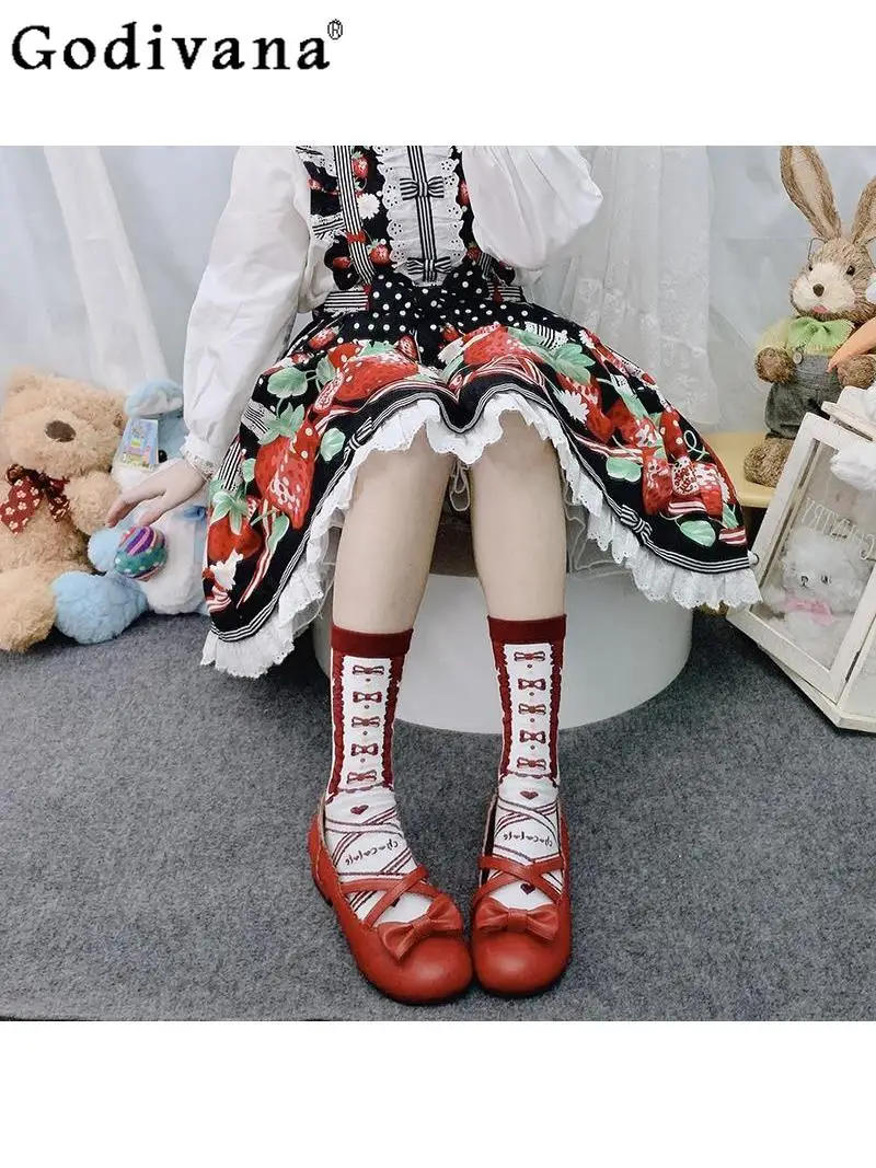 

Japanese Strawberry Jacquard Lolita Cotton Socks Autumn Fashion Girl Harajuku Sweet Cute Kawaii Student Casual Calf Socks Women