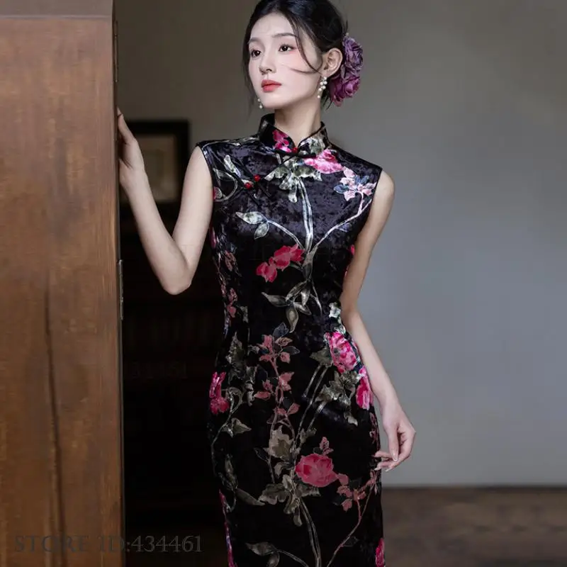

Traditional Chinese Dress Lady Long Cheongsam Vintgae Classic Velour Qipao Maxi Dress Sexy Print Flower Vestidos Ethnic Costume