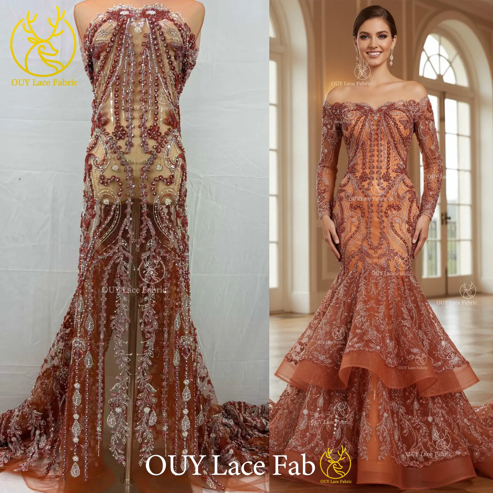 

Luxury Nigerian Bridal Wedding Lace Fabric High Quality African Beaded Sequins Lace Fabric 3D French Lace Evening Dress Sewing