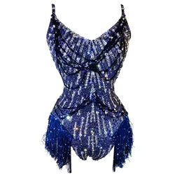 New Music Stage Singer Costumes Glittering Blue Rhinestones Tassel Bodysuit Latina Dance Costumes Queen Nightclub Birthday DJ DS
