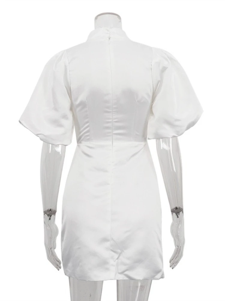 Mulheres de luxo gola puxar manga branco vestidos de festa 2025 outono senhora elegante cintura alta túnicas magro curto vestido de noite