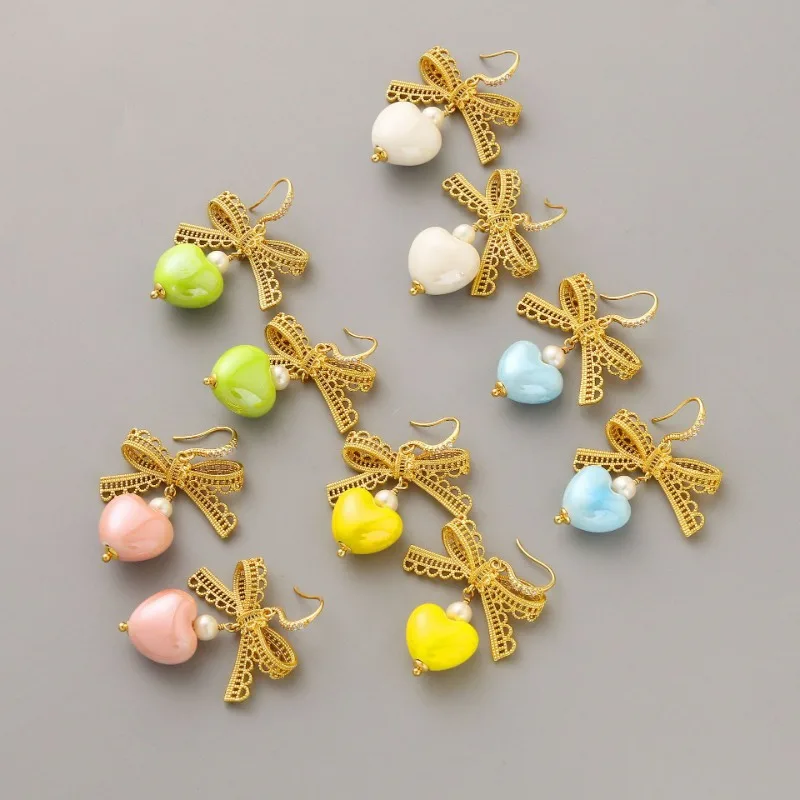 

New in Spring Summer Fashion Lace Bows Heart Ceramic Glass Pearl Personality Cubic Zircon Fishhook Earrings Temperament Jewelry