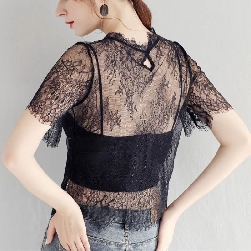 Summer Women Lace Floral Embroidery Blouses Shirt Ladies Tops Sexy Mesh Blouses Transparent Elegant See-through Black Shirt