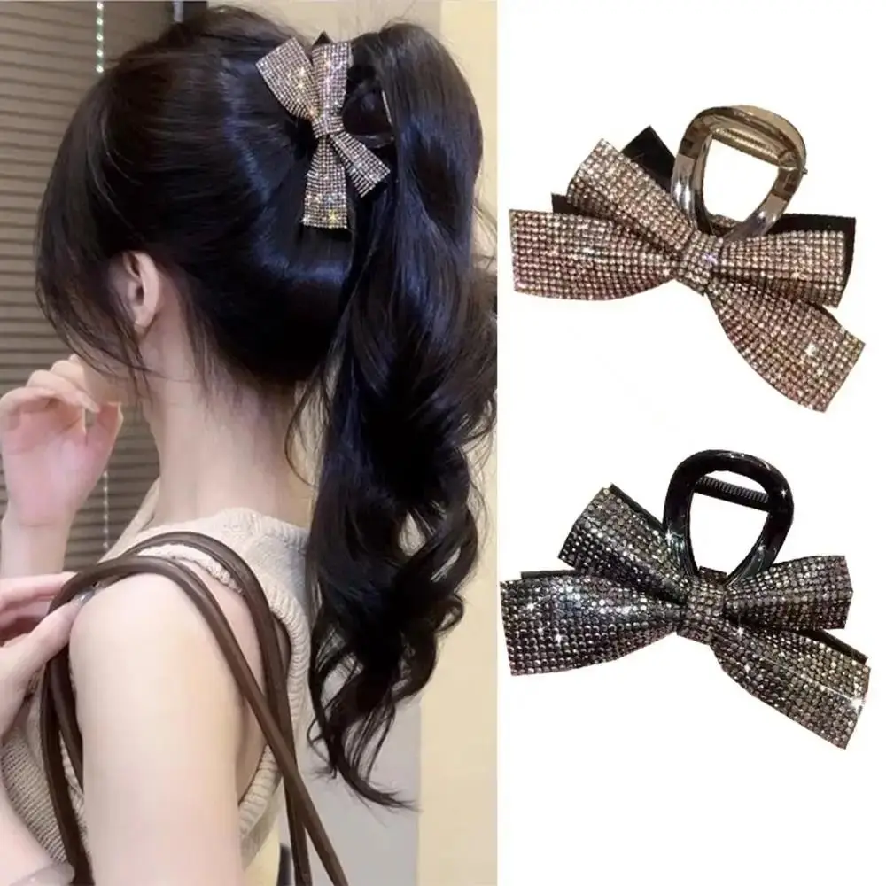 Luxury Full Diamond Bow Hair Clip Simple Elegant High Ponytail Clip Romantic Shark Clip Daily Wear
