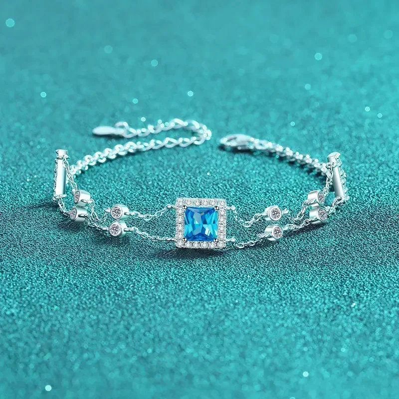 

Handmade Inlaid Moissanite Diamond Bracelet for Women Sapphire Blue 1CT Treasure Square Double Chain Simple New Models Jewelry