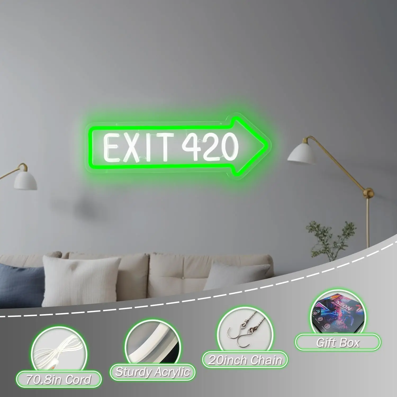 EXIT 420 Neon Sign Green Arrow LED Wall Light for Music Festival Bar Nightclub Decor Psychedelic Vibe Room Home Party Gift Idea