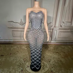 Luxurious Rhinestones Chains Crystals Long Dress Sexy Mesh Backless Evening Prom Wedding Celebrate Birthday Dress Photo Shoot