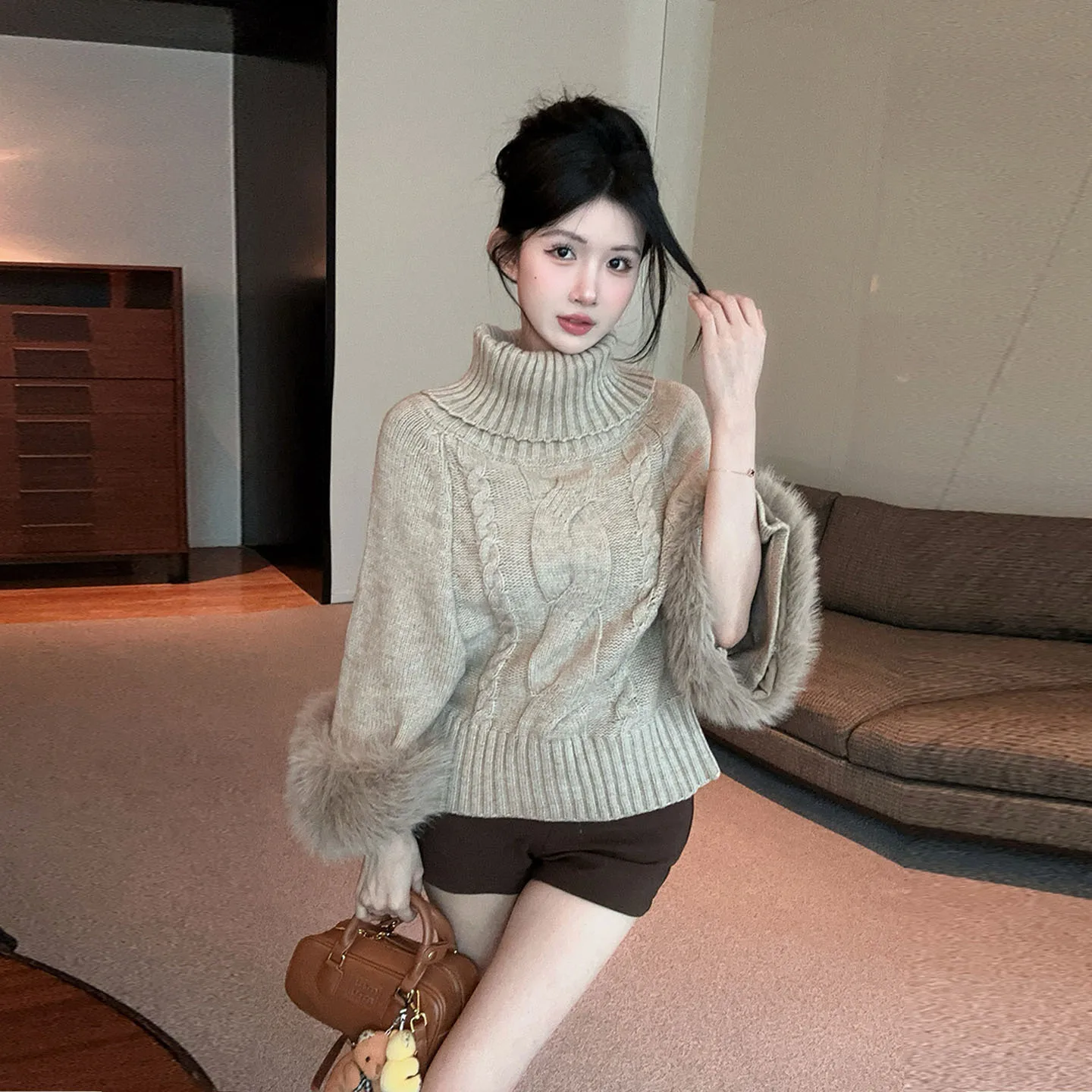 Automne hiver nouveau pull tricoté pour femmes Faion Twist oulder fourrure épissage Long Sve coupe ample doux moyen Kni...