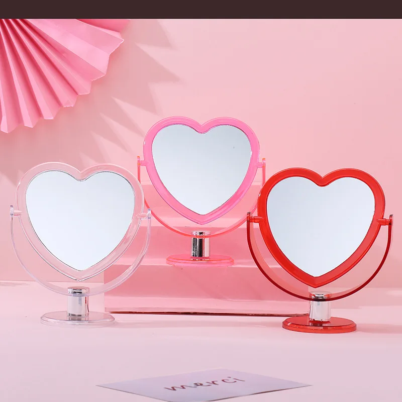 Korean Style Heart Shaped Cosmetic Mirror Acrylic Base Makeup Mirror Rotatable Home Bedroom Desktop Vanity Mirror for Women