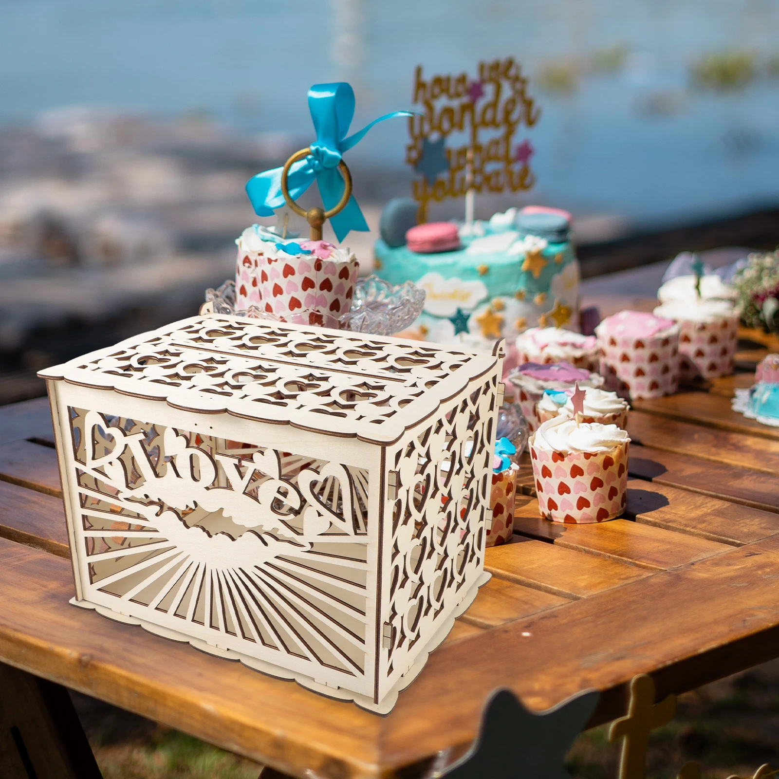 

Wooden Sign-in Gift Card Box Wedding Holder Hollow Out Boxes Craft Container Case