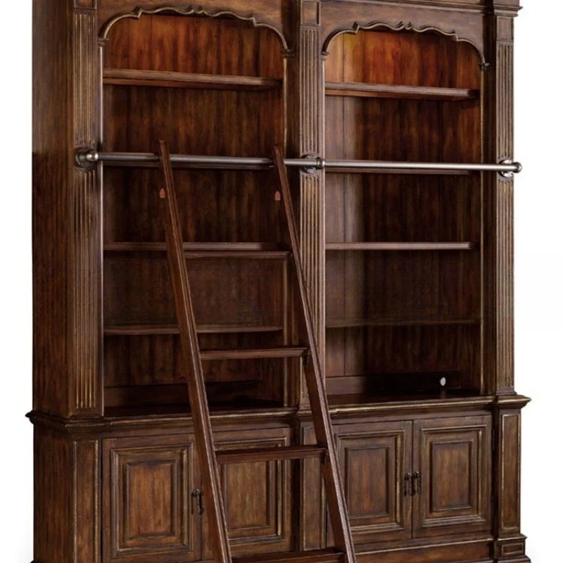 

American country, solid wood carving flower bookcase, study retro old oak, with ladder bookcase locker