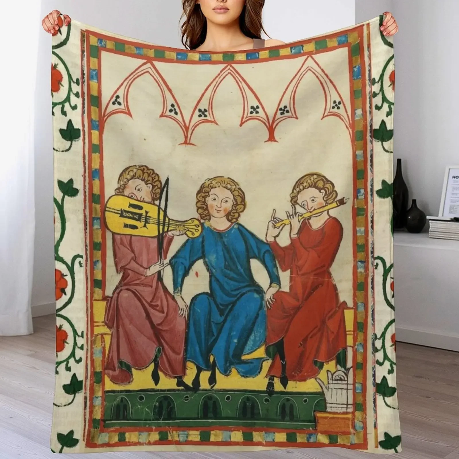 MEDIEVAL MUSIC AND MUSICIANS ,ANTIQUE MINIATURE WITH WILD ROSES Throw Blanket Soft Bedroom Blanket for Night Sleeping