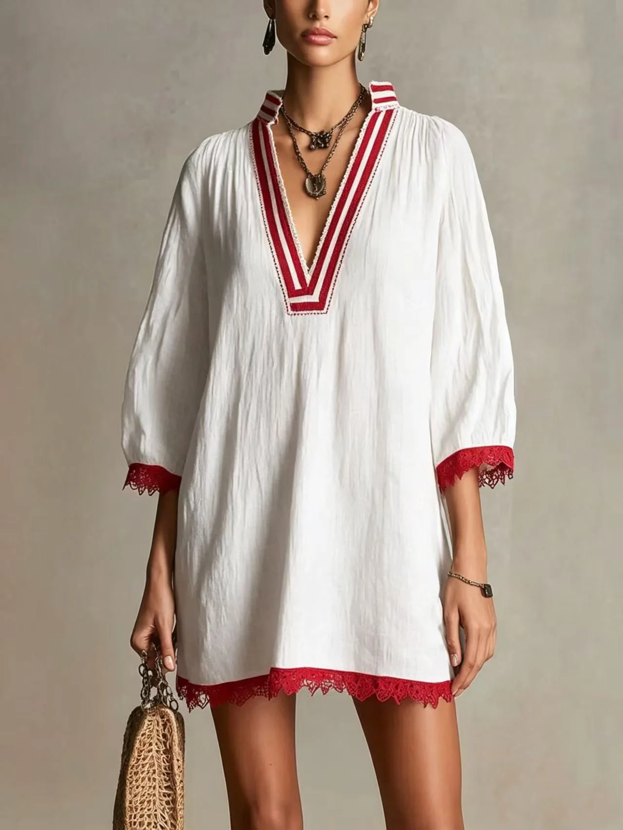 Vintage Women Linen Mini Dress Color Blocking Webbing Deep V‑Neck 3/4 Sleeve Lace Trim Loose Dresses Vacation Party Short Dress