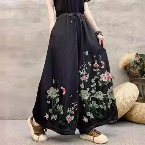 

Женские джинсы, весна-лето, винтажные вышитые потертые отбеленные свободные джинсовые шаровары с эластичной резинкой на талии JJ900