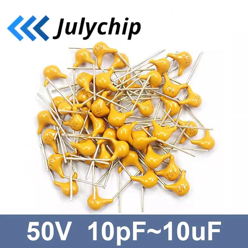 

100pcs 50V Monolithic Ceramic Capacitors 10PF ~ 10UF 22PF 47NF 220NF 1NF 4.7UF 1UF 100NF 330NF 0.1UF 102 104 105 106 103 473 334