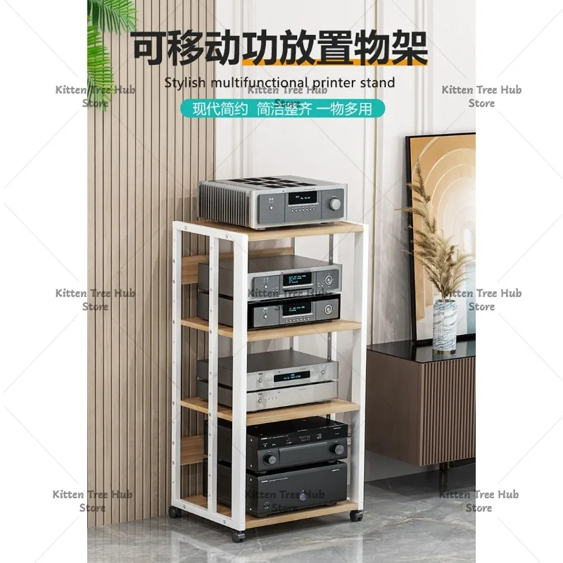 Adjustable 2-5 Tier Audio Rack Steel Frame Media Console With Wheels For Home Theater