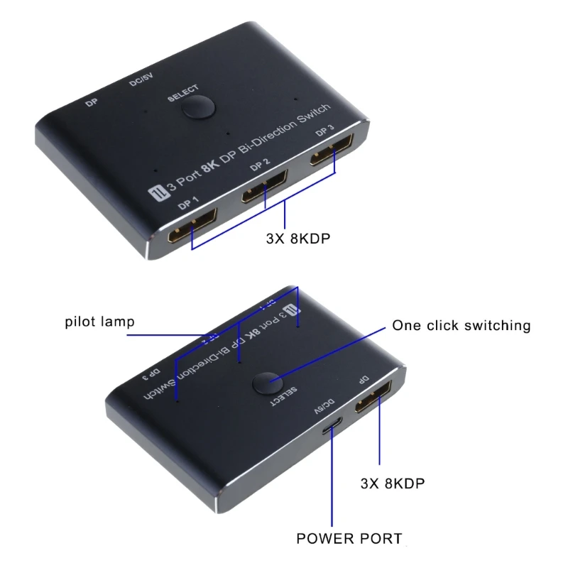 3-portowy adapter do przełącznika DisplayPort, wyjście 3 1, 8K30 Hz i 4K przy 144 Hz