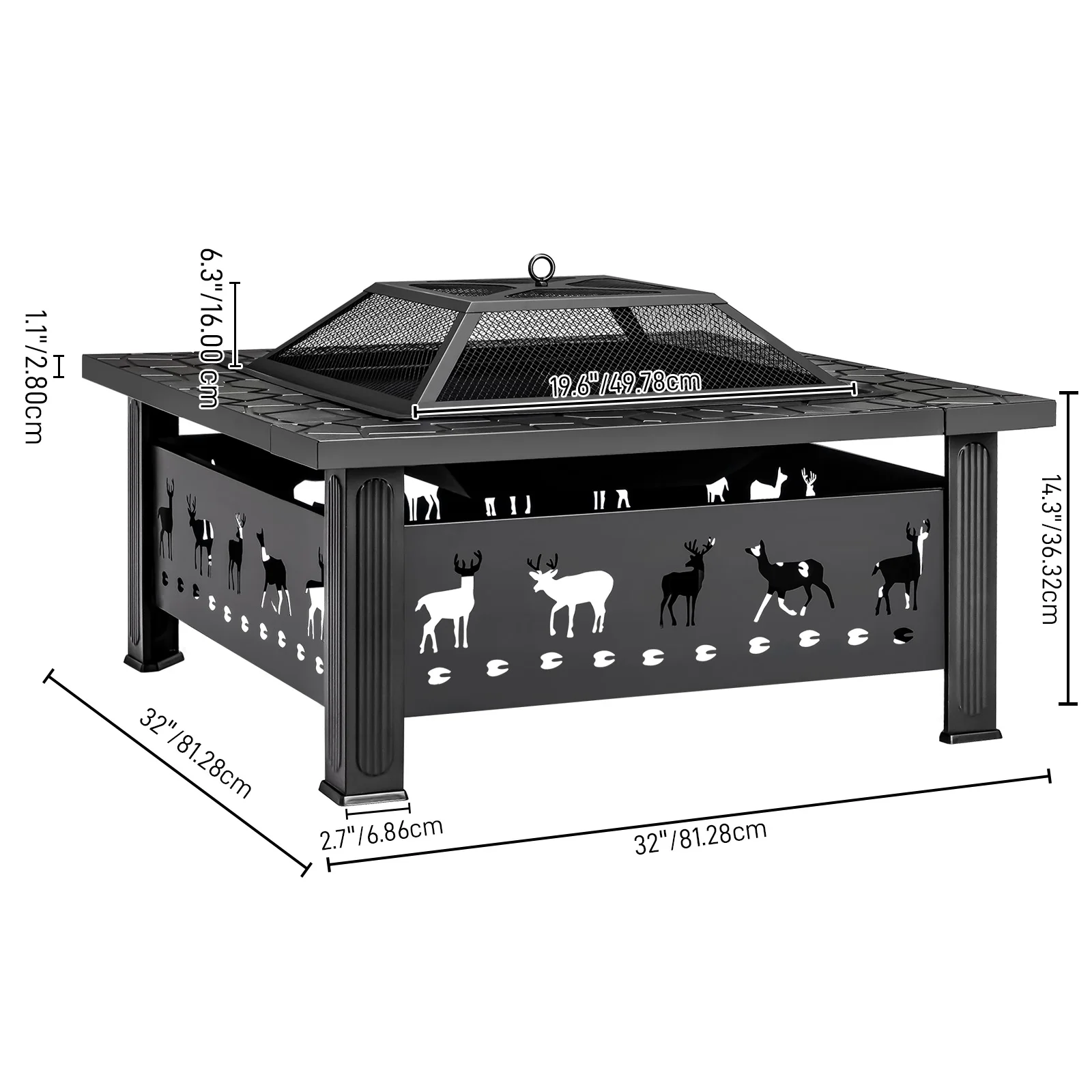 32 Inch Square Outdoor Wood Burning Fire Pit Table, Heavy Duty Wrought Iron Firepit with Pyramid Spark Screen Lid & Fire Poker, Decorative Elk Cutout Patio Fire Pit for Backyard, Garden, Lawn and Camping, Black