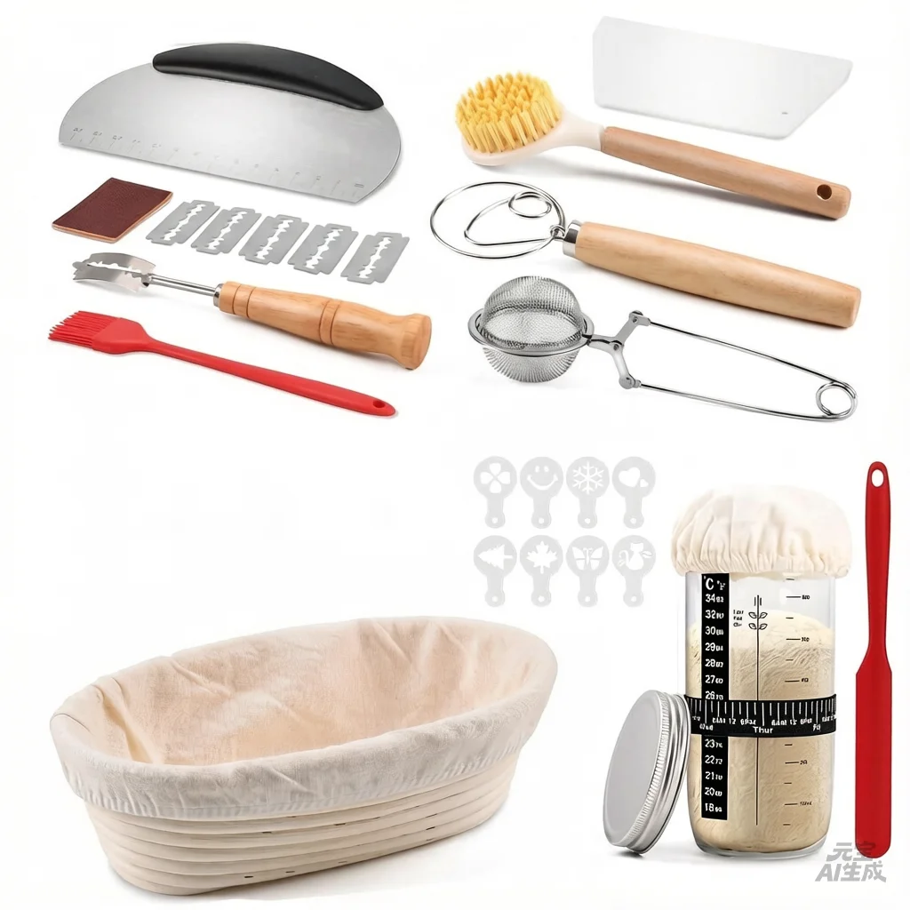 Rattan Banneton Complete Tool Set Sourdough Starter Jar Kit Including Proofing Basket Whisk Scrapers Stencils Bread Baking Tools