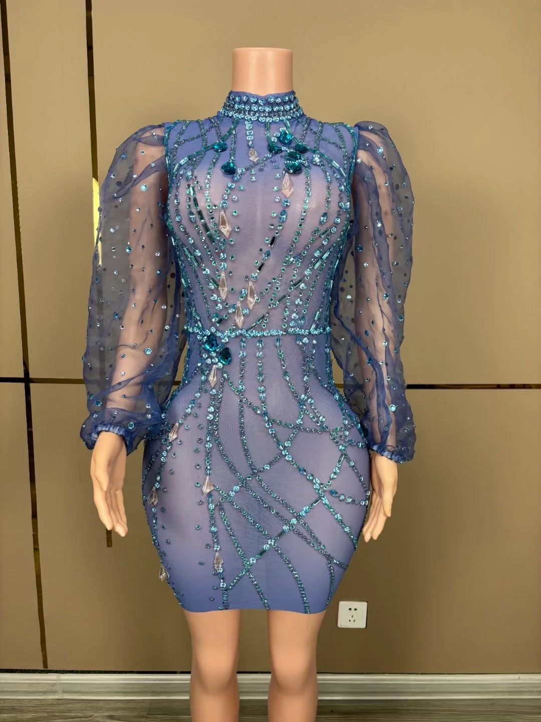 

Women Mesh High Neck Puff Sleeve Dress Blue Crystal Diamond Sparkling Stage Performance Costume Club Evening Party Dresses