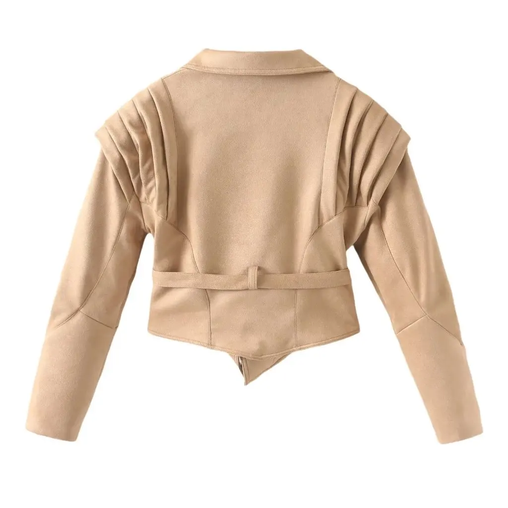 Women's Vintage Suede Leather Jacket One-button Lace-up Design European American INS Fashion All-match Style for Autumn