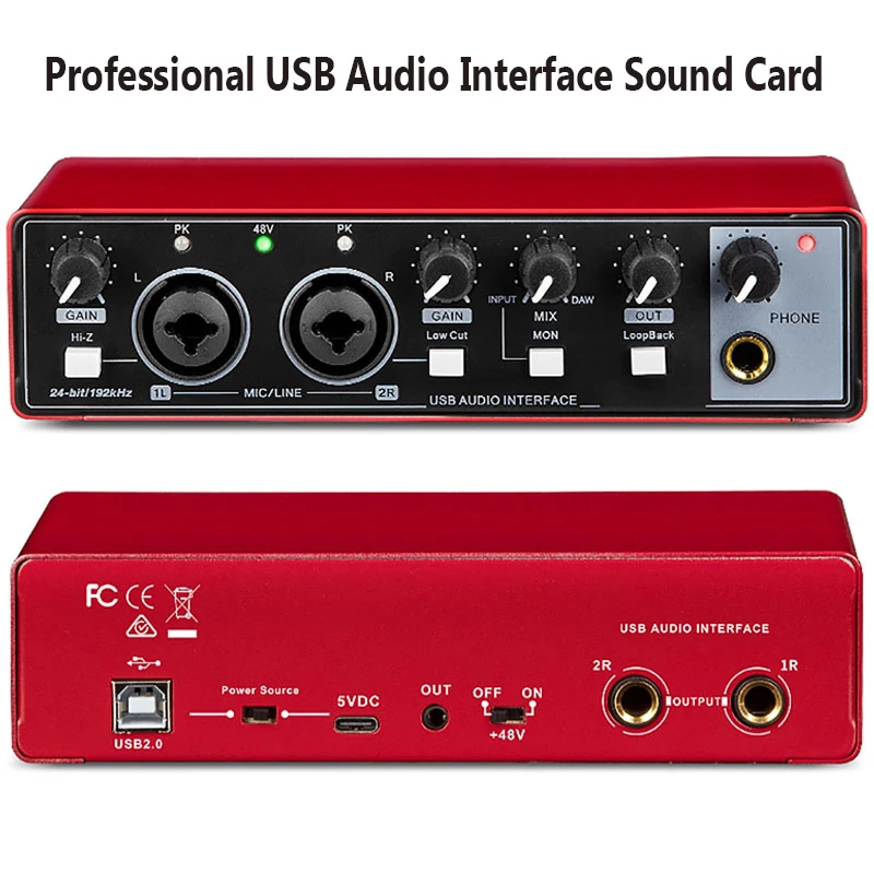 Audio Interface for Recording Portable Professional Sound Card with Loopback Monitor 48V Phantom for Audio Equipment Guitar