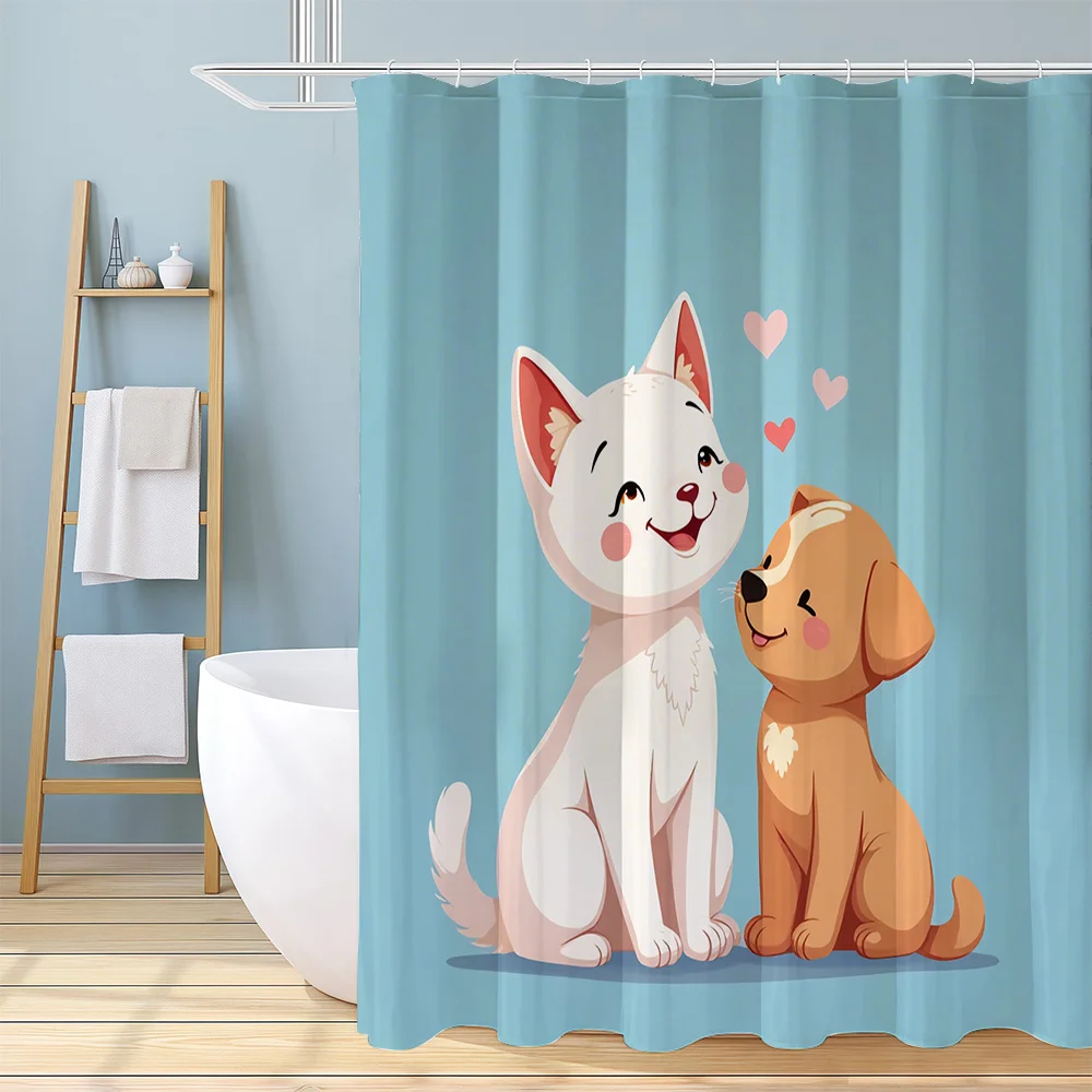 Cat And Dog Affection Pattern Printed Shower Curtain, Fresh Style Home Decor Shower Curtain, Includes 12 Hooks, Suitable for Win
