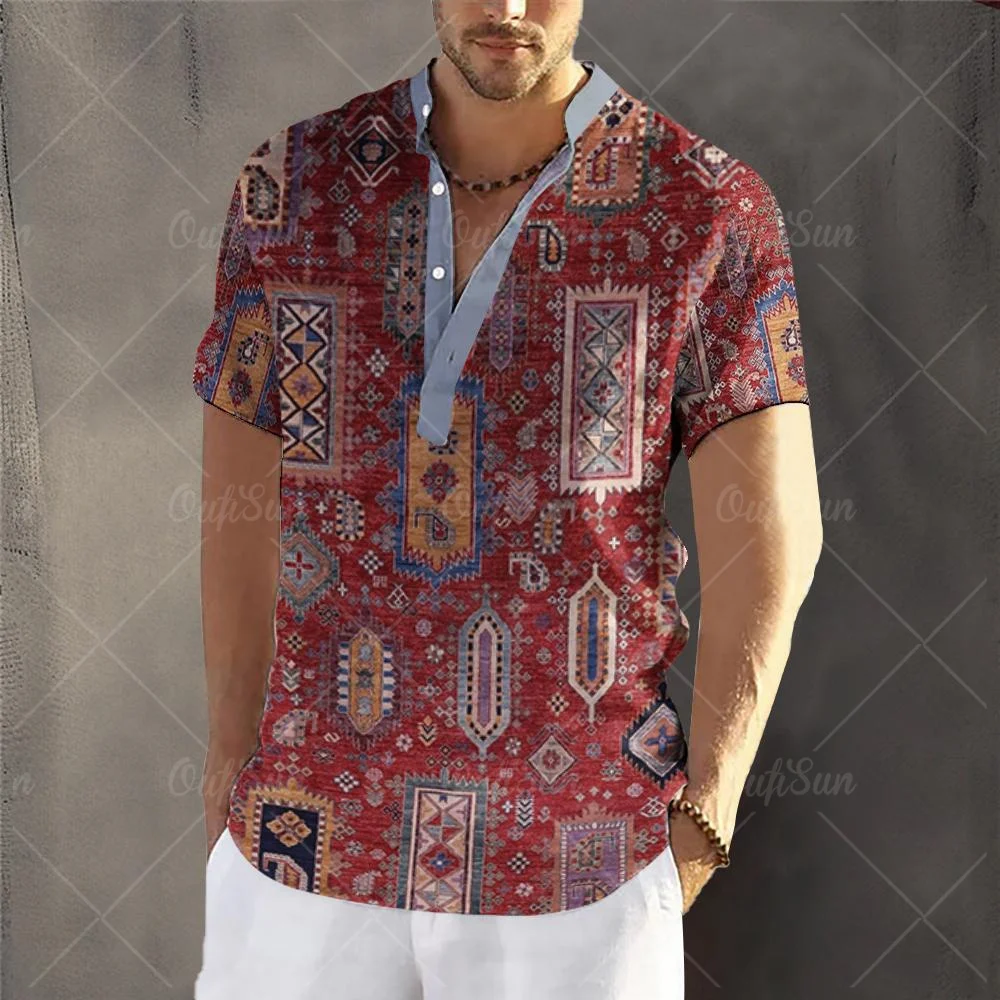 Luxury Men\'s T-Shirts Hawaiian Shirt Short Sleeve Top 3D Print Clothing Oversized Cardigan Apparel Retro Streetwear Men\'s Henley