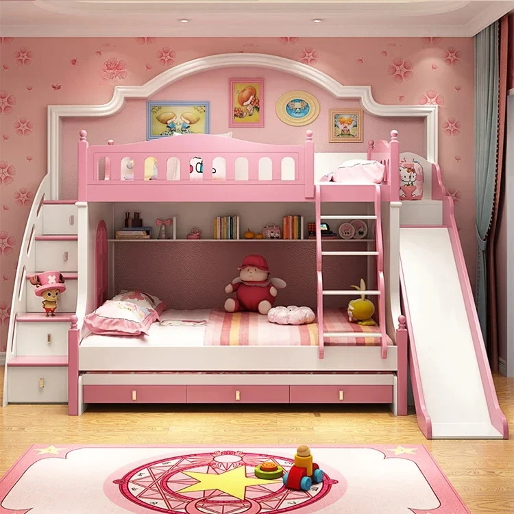 Modern Full Solid Wood Children Soft Kids Magnificent Pink Cartoon Children's Princess Girls Bunk Beds with Stairs for Home Use