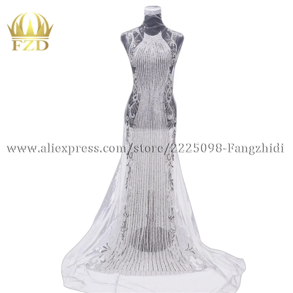 FZD 1 Set Sew on  Large Elegant Crystal Evening Dress Long Patches  for Clothing Wedding Evening night Dress Material DRA-313