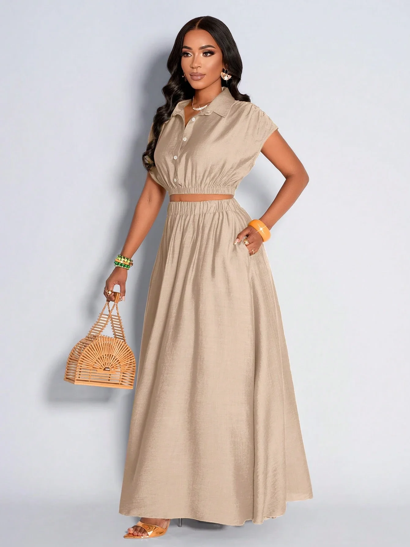 

Beige Pleated Crop Top And Maxi Skirt Set Casual Chic Women's Spring Summer Outfit