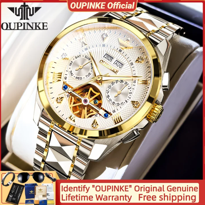 

OUPINKE 3270 Automatic Men's Watch Skeleton Hollow-out Original New Watch Multi functional Calendar Week Mechanical Watches