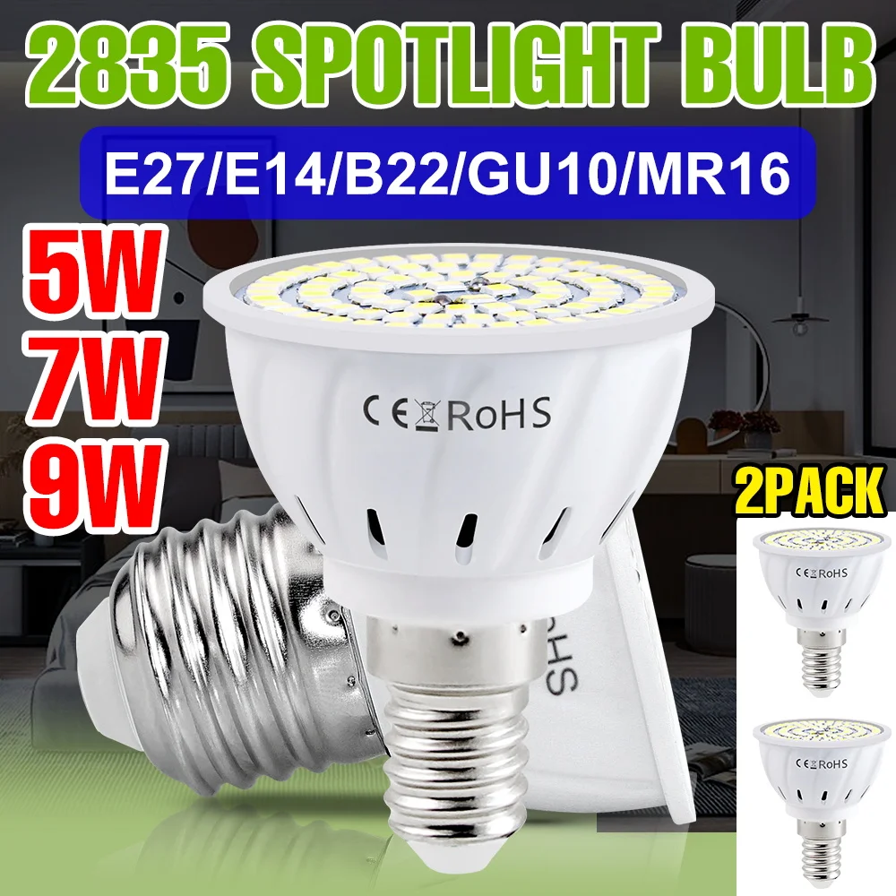 

Светодиодные лампы 9 Вт, 2 шт., E27, GU10, MR16, E14, B22 для потолочных светильников, люстр, ночников, домашнего освещения