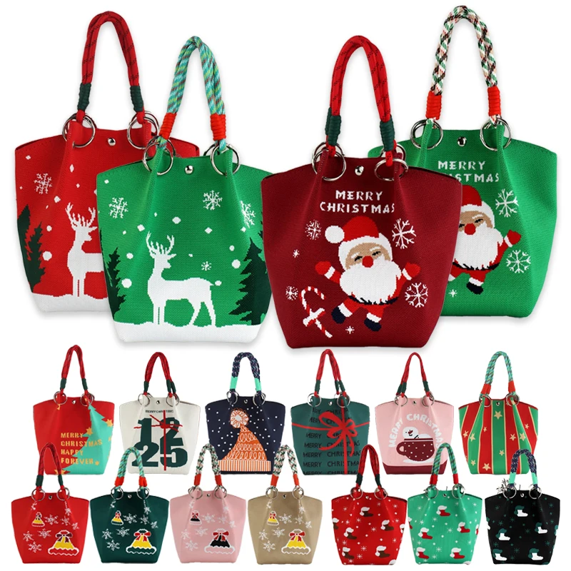 

1PC Large Capaci Knitted Handbag Reusable Cartoon Reindeer Santa Claus Knitted Bag Casual Portable Lunch Box Happy New Year 2026