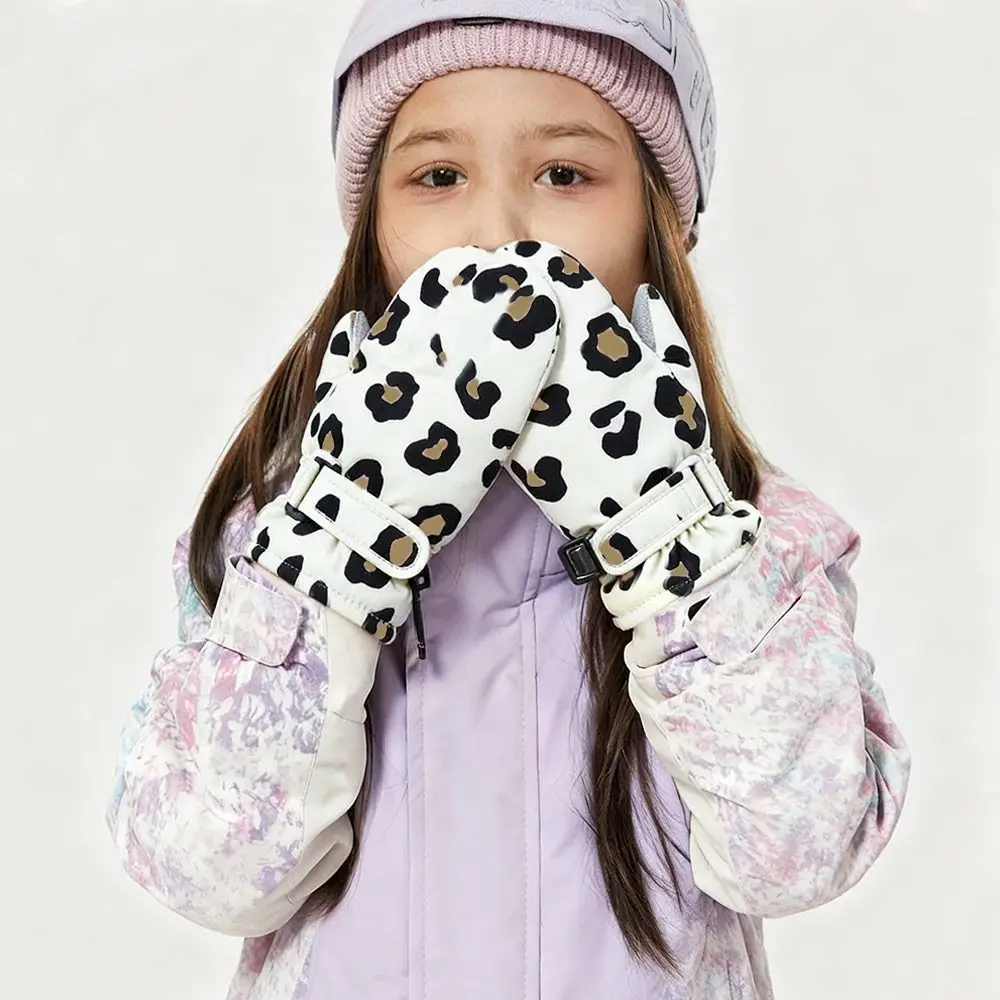 Cute Waterproof Children Skiing Gloves Warm Leopard Print Winter Warm Gloves Windproof Mittens for Toddler